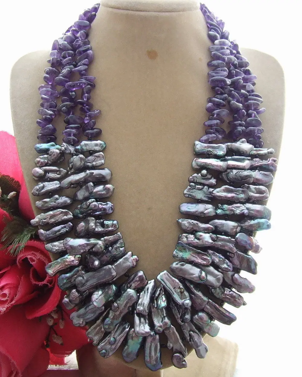 

3Strds black Biwa Pearl&Fancy Necklace >Dongguan girl Store free shipping
