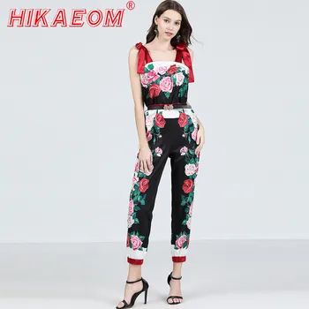

2019 Summer Strapless Straps Rose Print Jumpsuits Woman High Waist Full Size Contrast Color Floral Pants Bodysuits With Belt