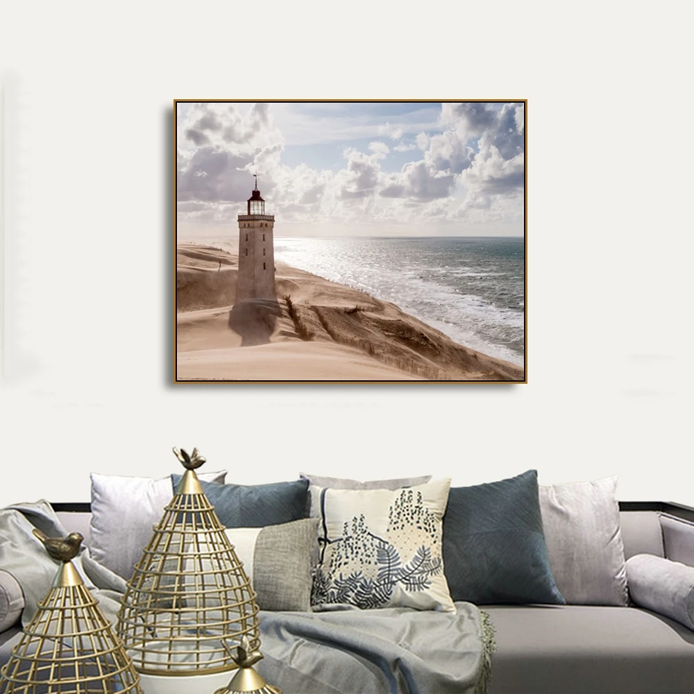 Laeacco Canvas Calligraphy Painting Natural Posters and Prints Sandstorm Lighthouse Wall Art Pictures for Living Room Home Decor | Дом и сад