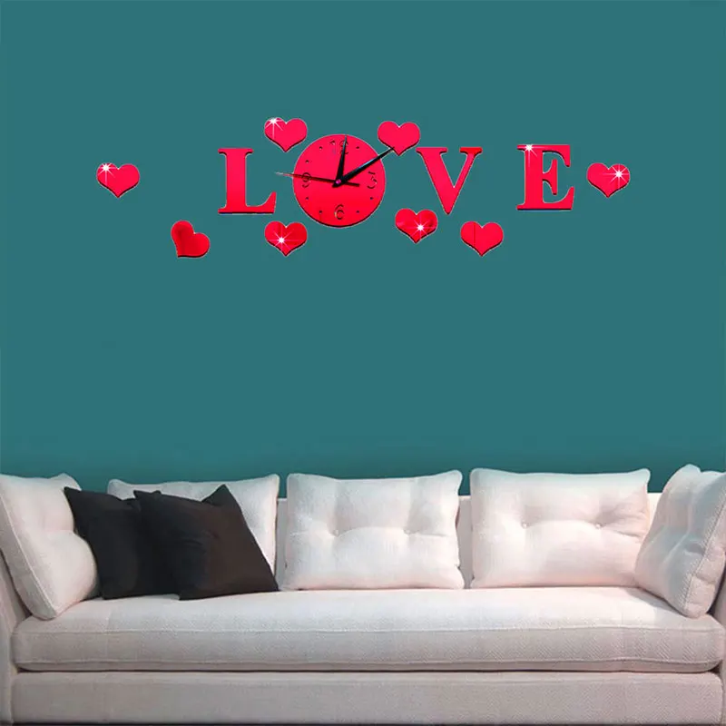 cheap Creative Plastic 3D Mirror Effect Stickers Wall Clock LOVE Decals Decoration