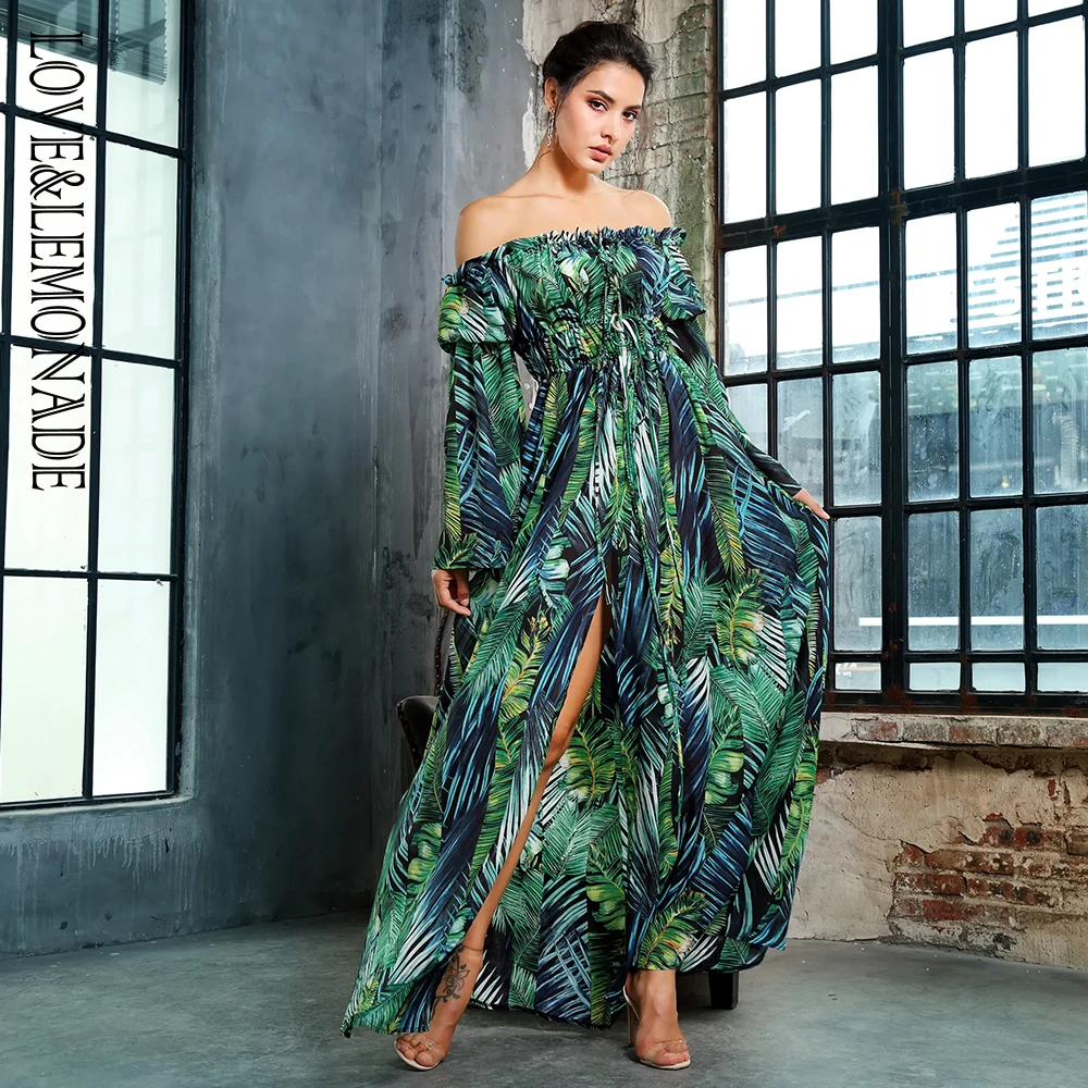 

Love&Lemonade Collar Tie Rope Leaf Print Cut Out Sleeve Long dress LM80238-1
