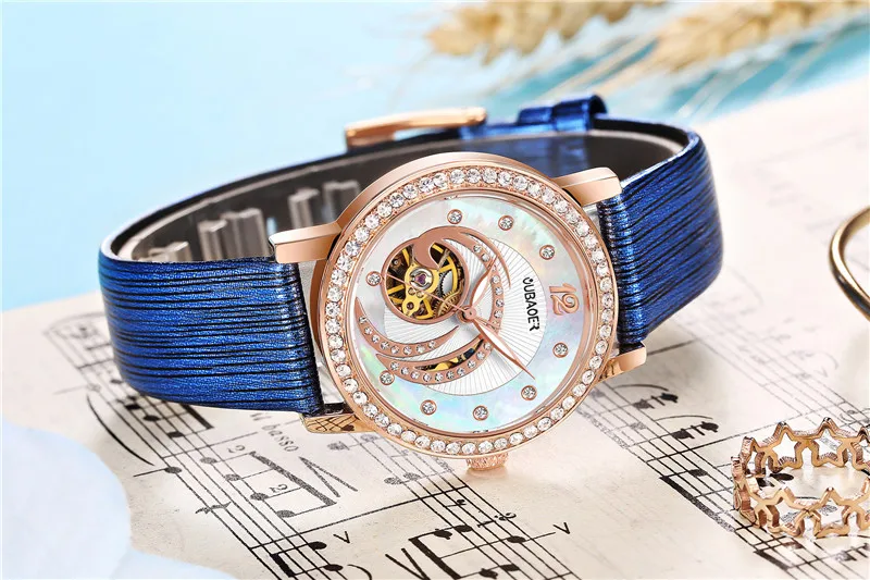 OUBAOER Синий Скелет автоматические часы модные женские часы-браслет со стразами роскошные кожаные механические часы