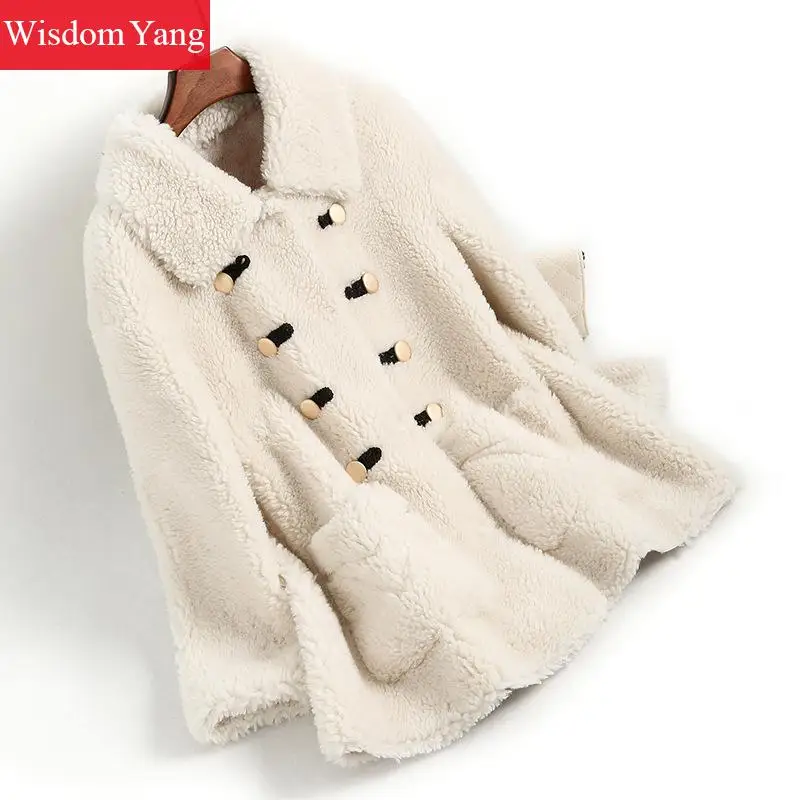 

Winter Warm Real Sheep Wool Fleece Sheep Coats Faux Suede Elegant Khaki Red White Women Oversize Overcoat Ladies Coat Outerwear