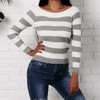 

2019 Knitted Women Sweater Stripe Tops Femme Autumn Elasticity Long Sleeve Pullover Women Basic Sweaters Women Tops SJ213C