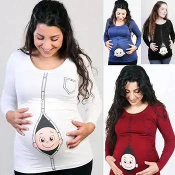 

2018 Pregnant Maternity T Shirts Cotton Tops Casual Pregnancy Maternity Clothes with Baby Peeking Out Funny Shirts
