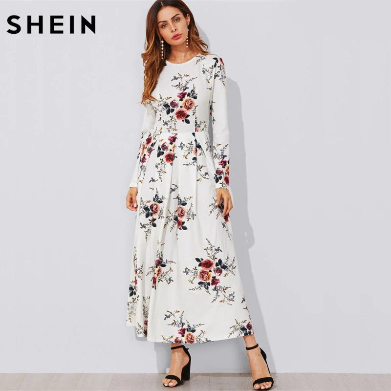 Koop SHEIN Bloemenprint Doos Geplooide EEN Lijn Jurk Casual Vrouwen Herfst Jurken Witte Lange Mouwen Bloemen Elegante Maxi Jurk