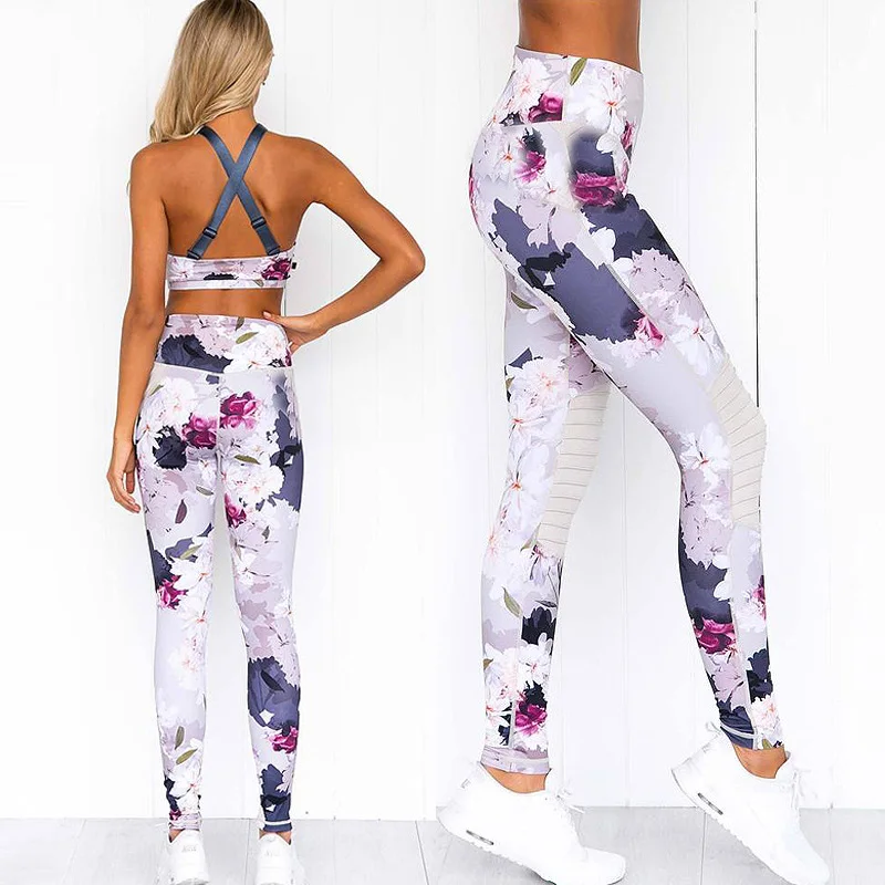 

Women Yoga Suit Crop Top with Pants Floral Print Sleeveless High Waist Clothing Set MC889