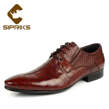 

Sipriks Men Burgundy Genuine Leather Dress Shoes Pointed Toe Slipon Formal Tuxedo Shoes Crocodile Skin Derby Shoes European Flat