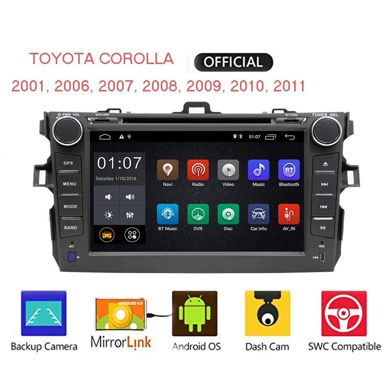 Flash Deal 4G Android 9.0 Car DVD Player for Toyota Corolla 2007 to 2008, 2009, 2010, 2011 in Dash 2 Din 1024 * 600 Car Radio GPS Head Unit 0