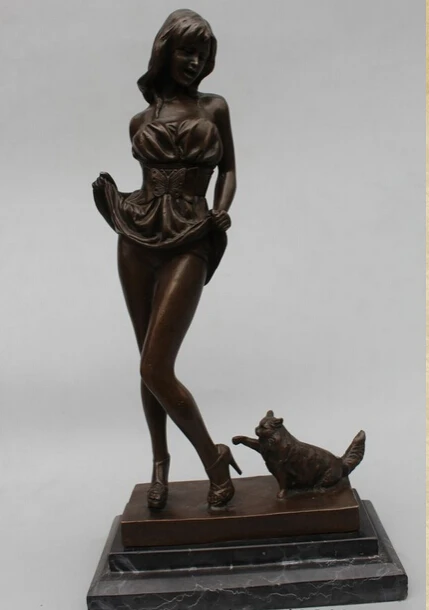 

003046 16"Western Art sculpture Bronze Marble Belle Girl Women Cat Statue