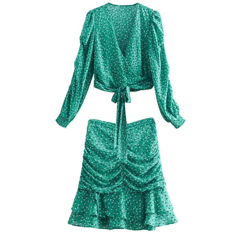 

Fashion suit female 2019 summer new V-neck short jacket bag hip skirt two-piece temperament fashion printing women's clothes
