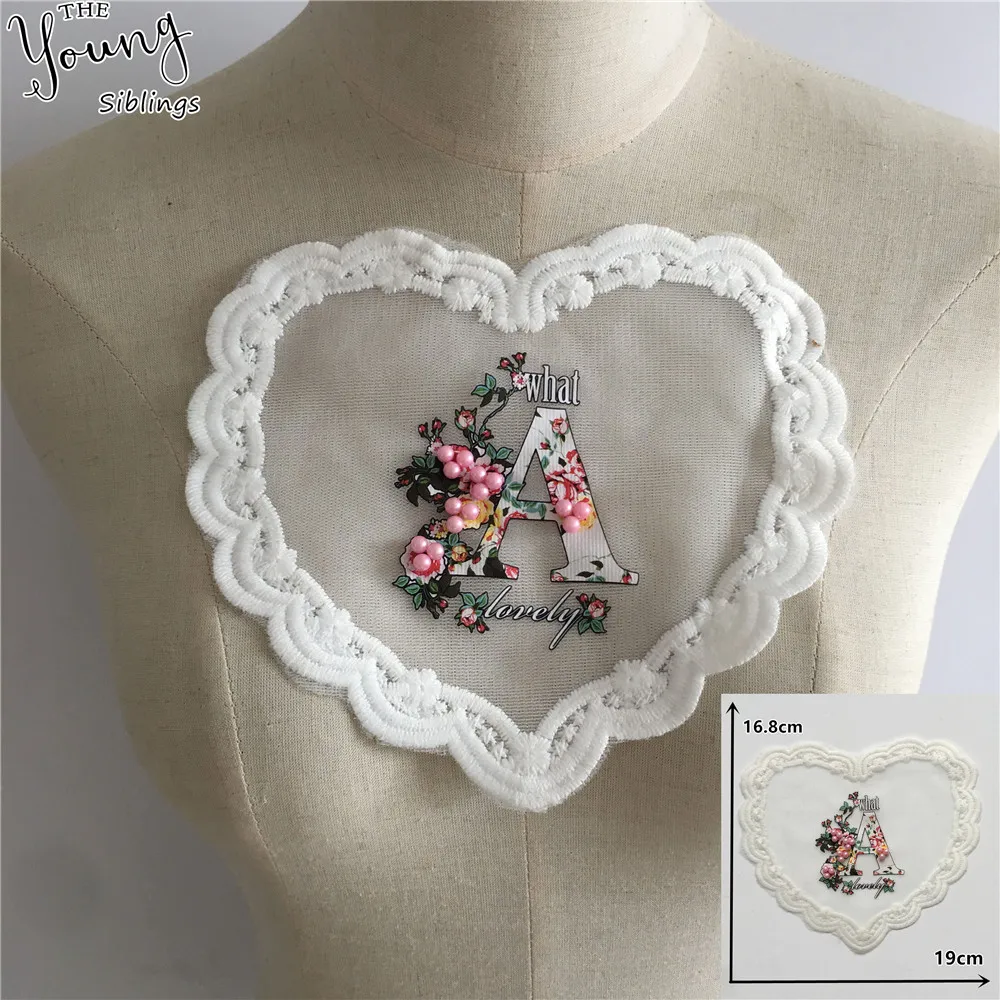 

Embroidery White ABS pearl Lace Collar DIY Trim Love pattern Neckline Tulle Fabric Dresses Decorate Accessories 1 pcs sell