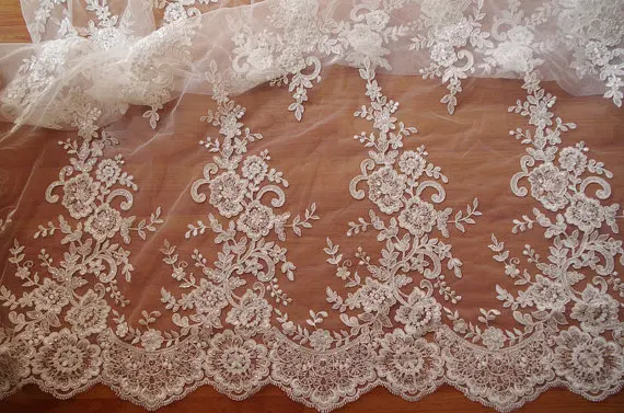 

ivory cord lace fabric with sequins, sequined alencon lace fabric, bridal lace