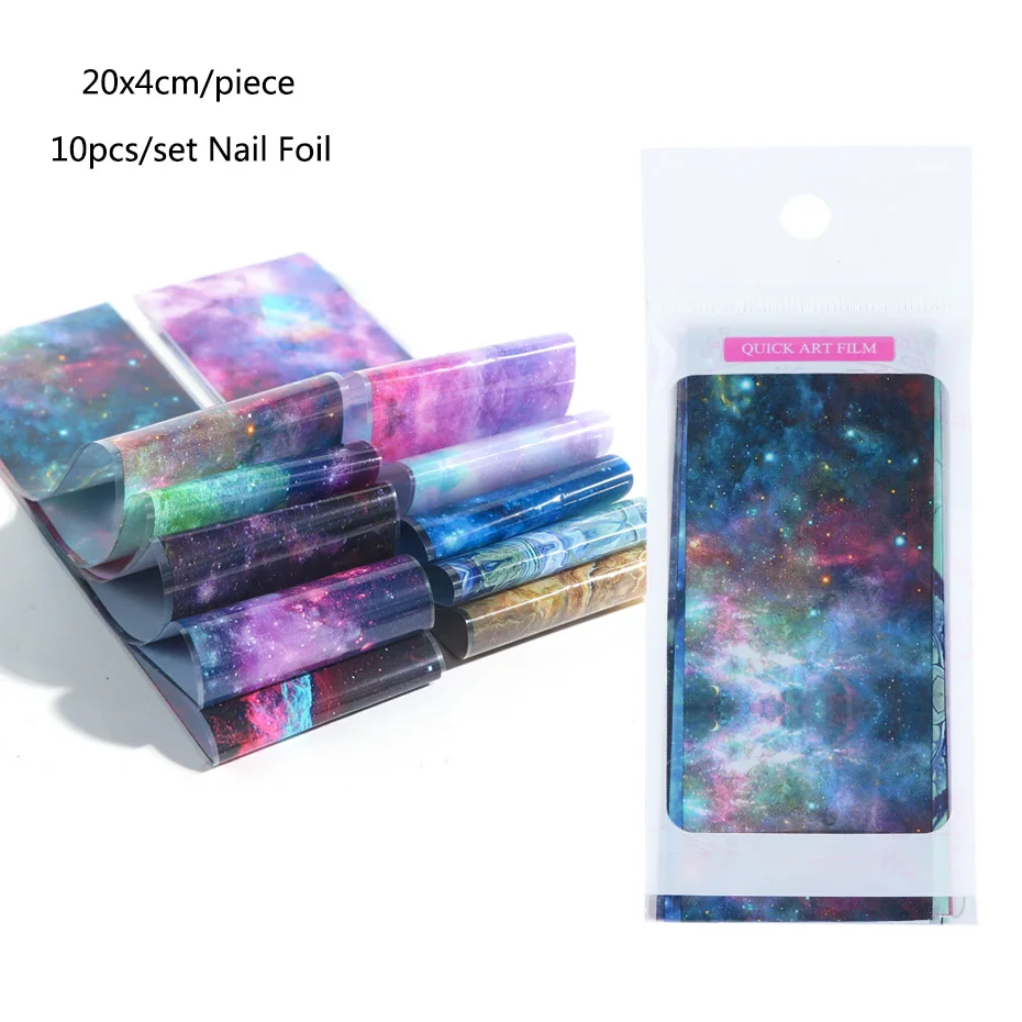 10pcs Starry Sky Nail Foil Set Transfer Glue Holographic Gradient Galaxy Star Adhesive Sticker Decal Slider Manicure Decor LA975 (15)