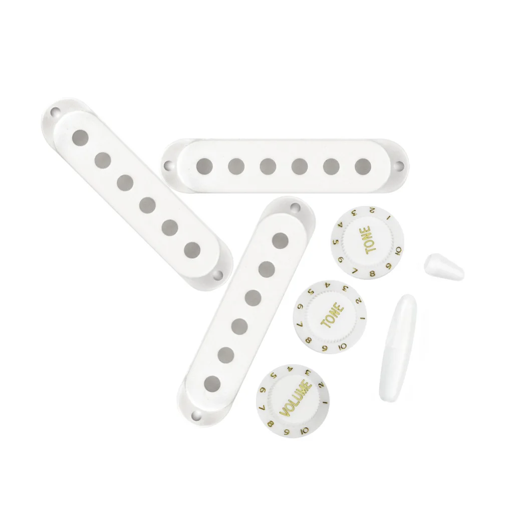 

NEW Set of Strat Single Coil Pickup Covers 52/52/52mm Tone Volume Guitar Knobs Switch Tip Whammy Bar Tip White Guitar Parts