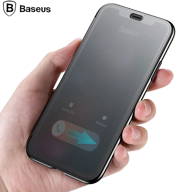Baseus Flip Phone Case For iPhone X Touchable Tempered Glass Cover + TPU Soft Back Shell Case For iPhone X Protection Flip Case