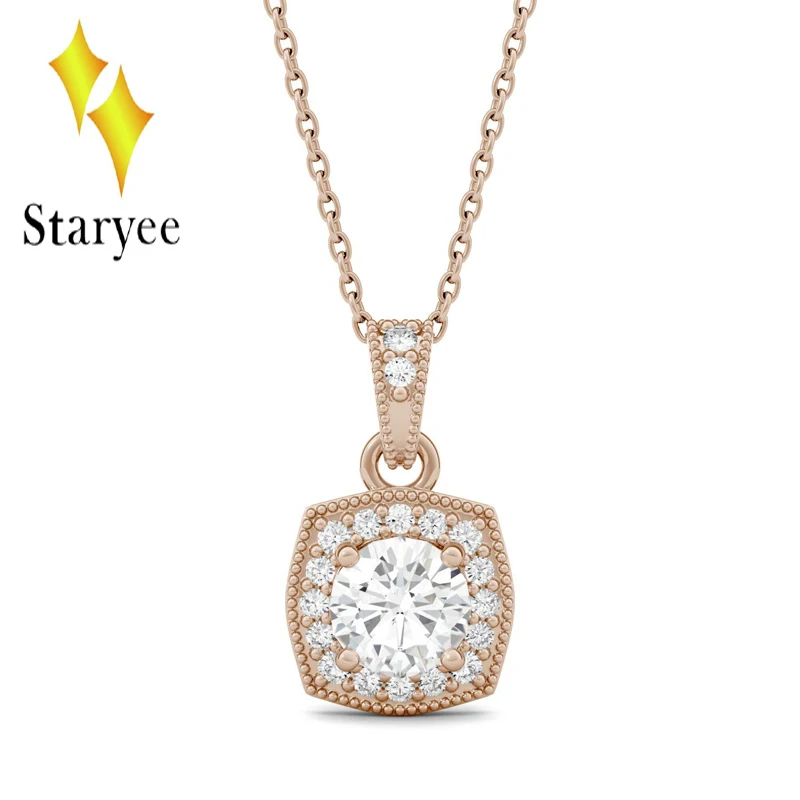 

Test positive Charles Colvard Forever One 0.6CT Moissanite Milgrain Halo pendant Chain Necklace in 18k Rose Gold Jewelry