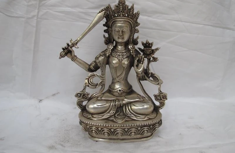

Tibet Buddhism Temple White Bronze Silver Manjusri Bodhisattva Buddha statue