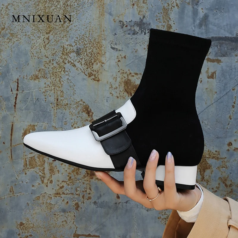 

MNIXUAN 2018 Spring autumn new ankle boots for women med heel Stretch Fabric Sock boot Really leather Chelsea boots ladies white