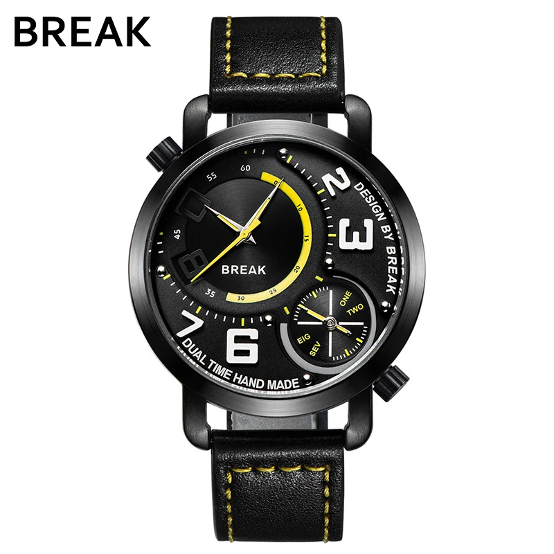 3023-LYE-YE BREAK Top люксовый бренд Мужские повседневные Модные Кварцевые спортивные наручные часы с двойным временем черный кожаный ремешок деловые водонепроницаемые часы - Цвет: 3023-LYE-YE