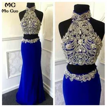 Акция, платье из двух частей, новинка, длинные платья для выпускного на бретелях, с открытыми плечами, расшитое бисером, сексуальное голубое платье для выпускного вечера в пол
