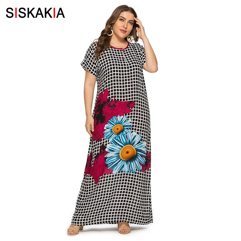 

Siskakia 2019 Women Plaid Floral Printing Long Dress O-Neck Short Sleeve Loose Style Muslim Elegant Eid Adha Maxi Dresses Summer