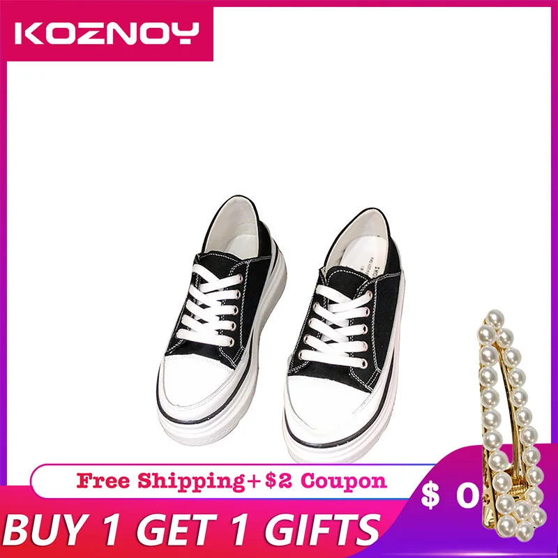 

Koznoy Canvas Shoes Spring Autumn Ins Lace Dropshipping Flat Bottom Leisure Fashion Thick Bottom Breathable Solid Women Shoes