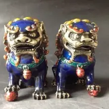 Пара китайская перегородчатая эмаль статуя медная-лев собака