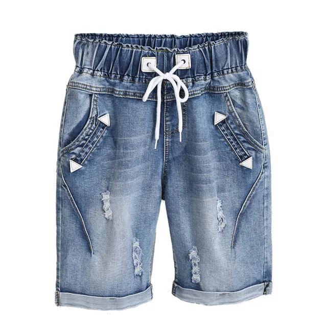 Plus Size 4XL 5XL Capris Lace Up Denim Jeans Woman Summer Midi Harem Pants Trousers Women Stretch Ripped Jeans For Women C3200