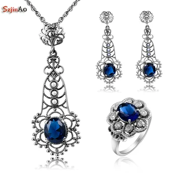 

Szjinao 925 Sterling Silver African Party Jewelry Sets With Sapphire For Women Costume Earring Pendant Ring Wholesale