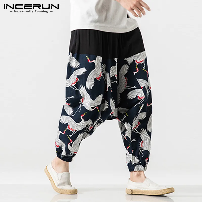 INCERUN Men Harem Pants Print Elastic Waist Drop Crotch Pants Joggers Hip-hop Retro Chinese Style Loose Cotton Trousers Men