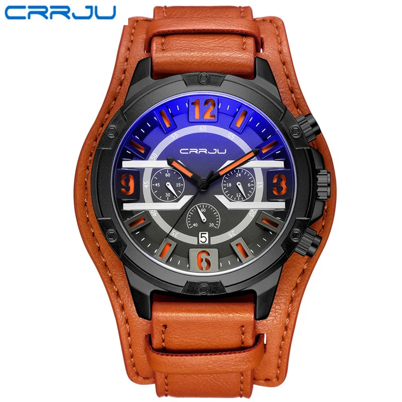 

CRRJU Chronograph Sport Mens Watch Arabic Numerals Case Watches Genuine Leather Mat 3 Timers Calendar Window Quartz Wristwatches