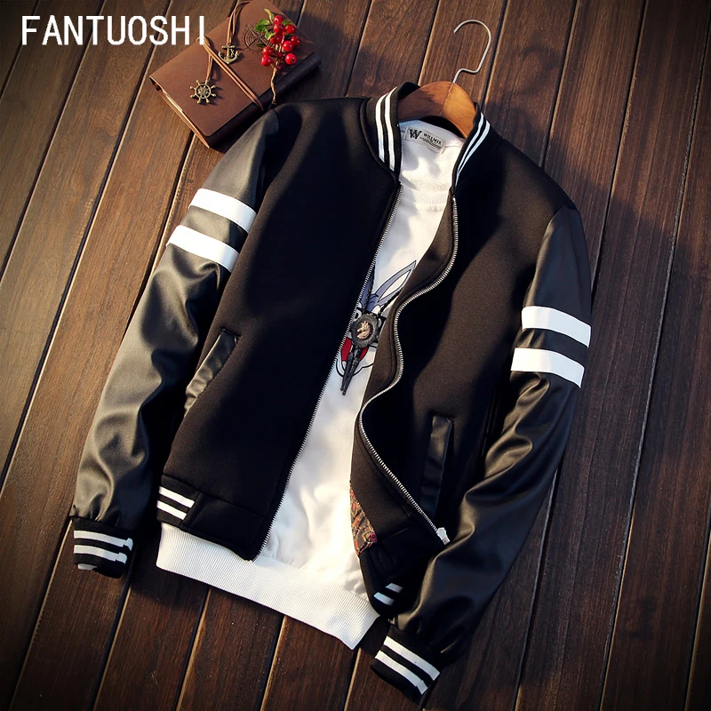

2018 Autumn And Winter New PU Leather Stitching jacket Man Coat Slim Plus Size 5XL stand jacket Men black white Long sleeve coat