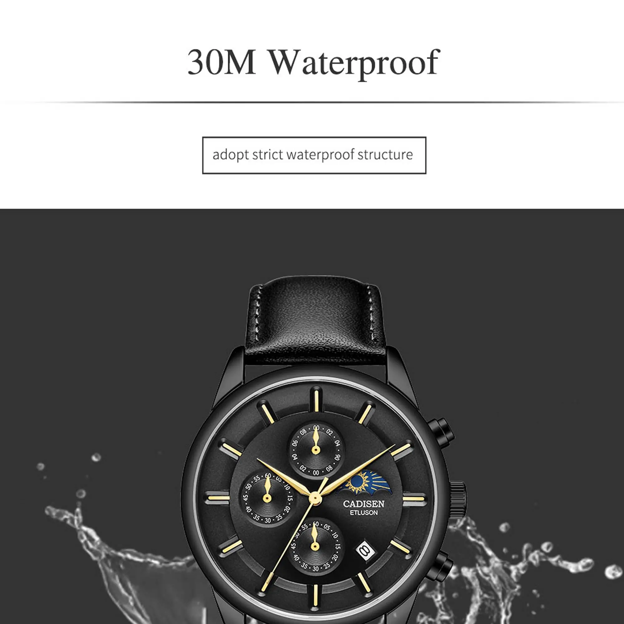 CADISEN мужские часы s мужские модные повседневные кожаные часы мужские водонепроницаемые наручные часы Moon phase Relogio Masculino