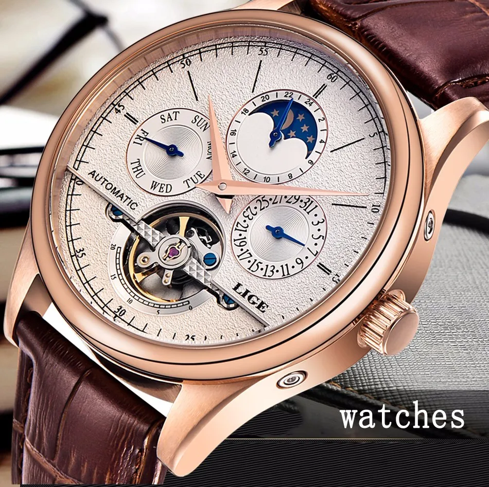 LIGE Brand Classic Mens Retro Watches Automatic Mechanical Watch Tourbillon Clock Genuine Leather Waterproof Military Wristwatch