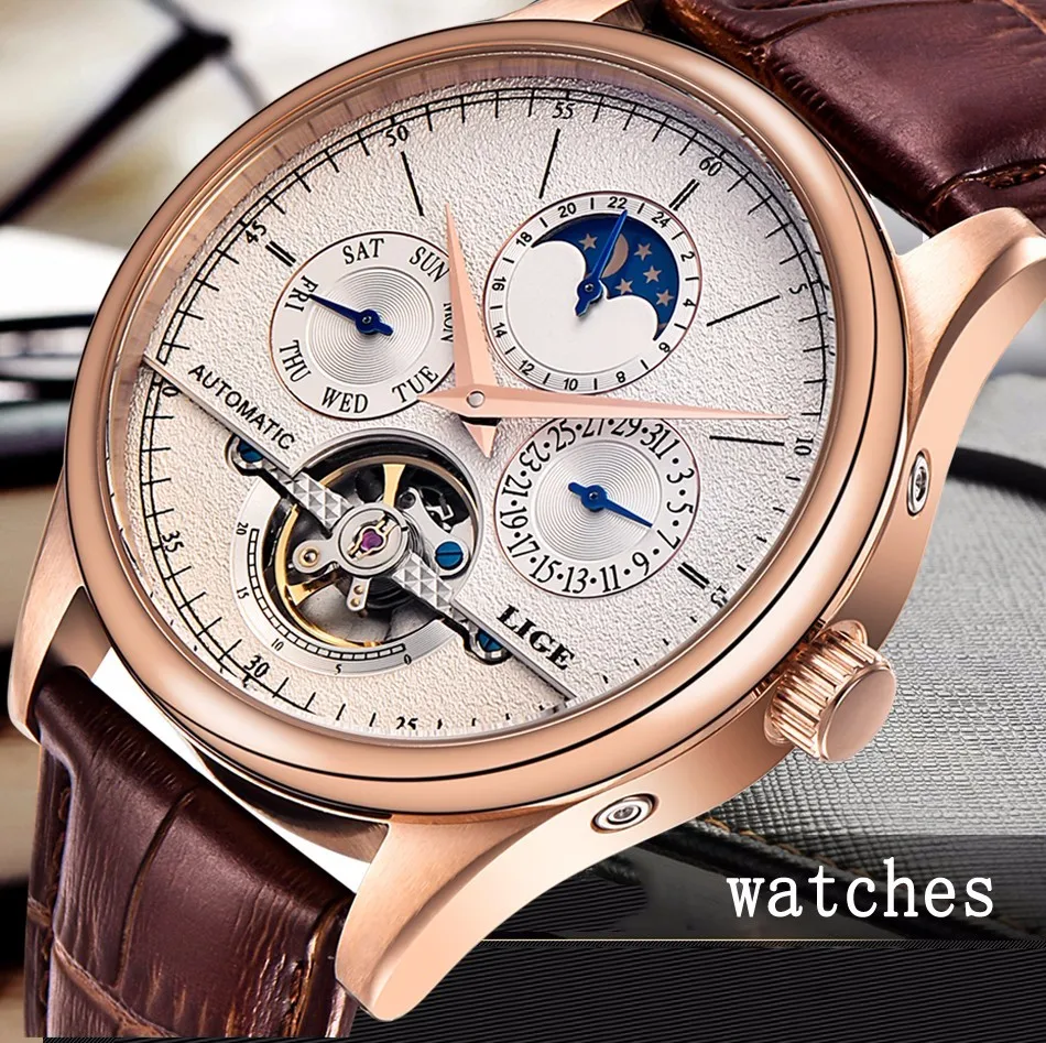 Automatic mechanical watch tourbillon with leather