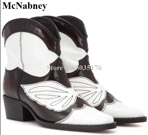 

Fashion Black White Slip-On Ladies Boots Pointed Toe Square Heels Med Heel Mid-Calf Boots Short Boots Spring/Autumn Women Shoes