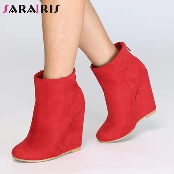 

SARAIRIS Plus Size 35-47 Brand New Flock Wedges High Heels Zip Shoes Woman Casual Fashion Party Winter Spring Ankle Boots 2 Ways
