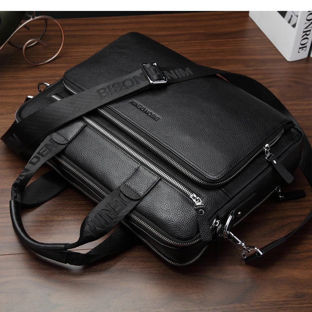 BISON DENIM Men Bag Genuine Leather Work Briefcases 14