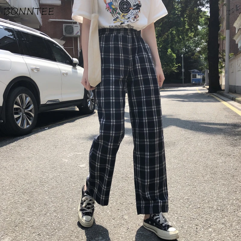 Pants Women Plaid Retro Pockets Elastic Waist Korean Style All-match Womens Spring 2020 Long Trousers Straight Leisure Loose Pants Women Plaid Retro Pockets Elastic Waist Korean Style All-match Womens Spring 2020 Long Trousers Straight Leisure Loose