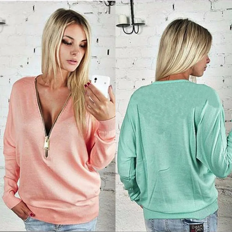 Hot Sale Long Sleeve Women T-shirt 2016 Fashion New Solid Casual t-shirt Leisure V-neck Zipper Sexy T shirt MTS1 (2)
