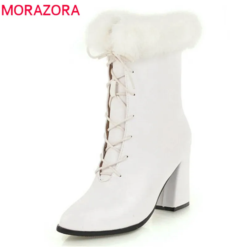 

MORAZORA 2018 new arrival ankle boots for women pointed toe autumn winter boots pu lace up high heels shoes woman black