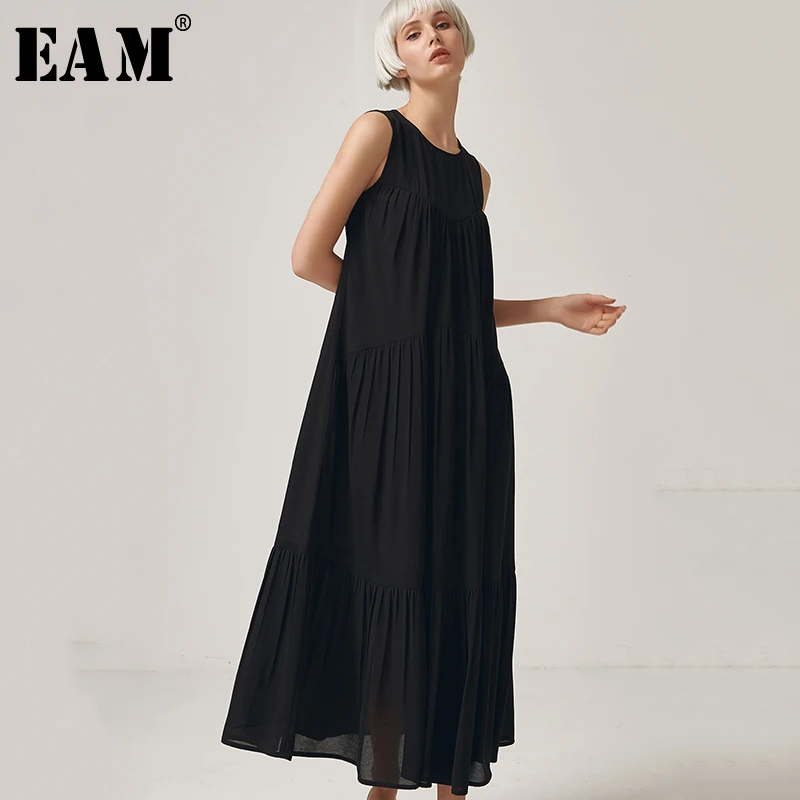 

[EAM] 2019 New Spring Summer Strapless Black Brief Pleated Split Joint Loose Long Temperament Sleeve Dress Women Fashion JW250