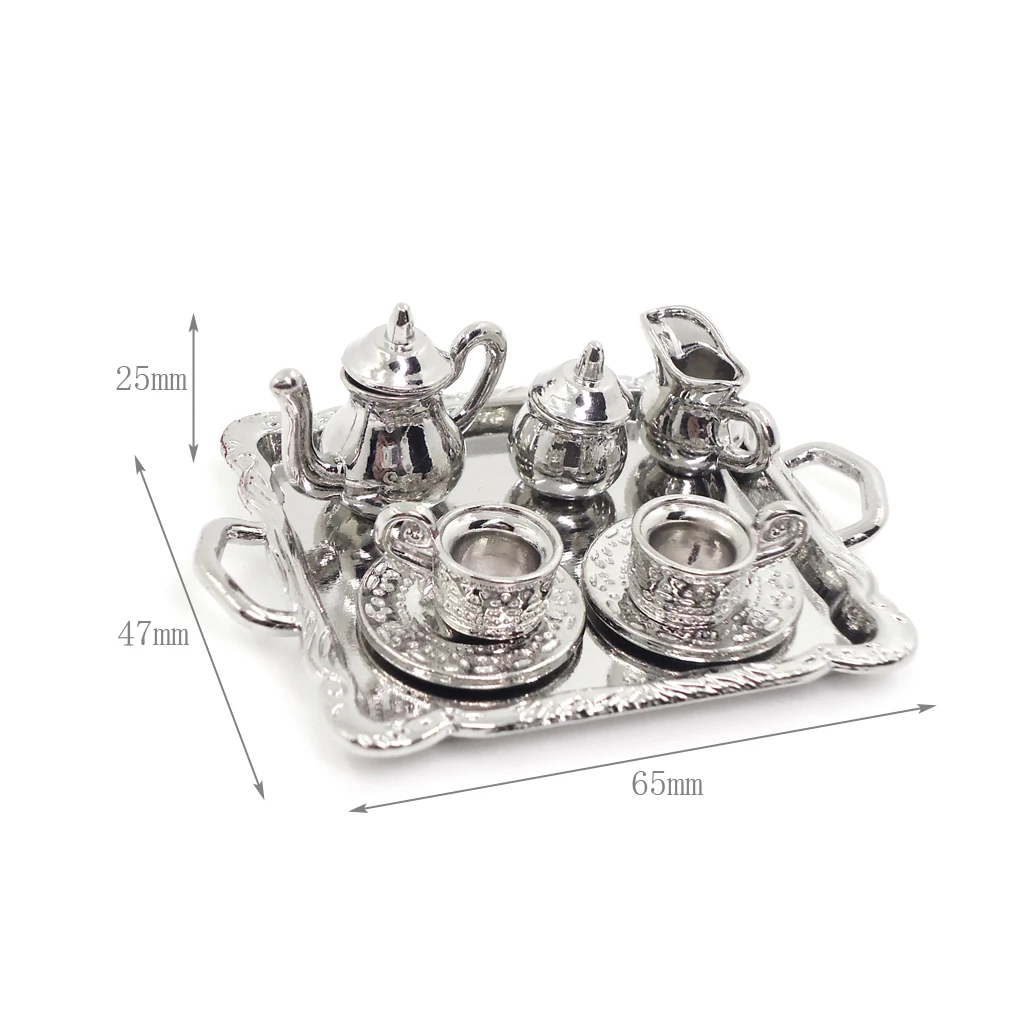 10 Pieces 1:12 Dollhouse Miniature Silver Metal Tea Coffee Set Tableware Best for doll house, room box, house model