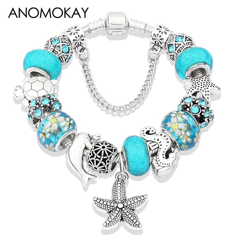 

Blue Ocean Crystal Pan Bracelet Silver Charm Starfish Turtle Animal Bead Bracelet Dolphin Holding Ball Charm Bracelet Bangle