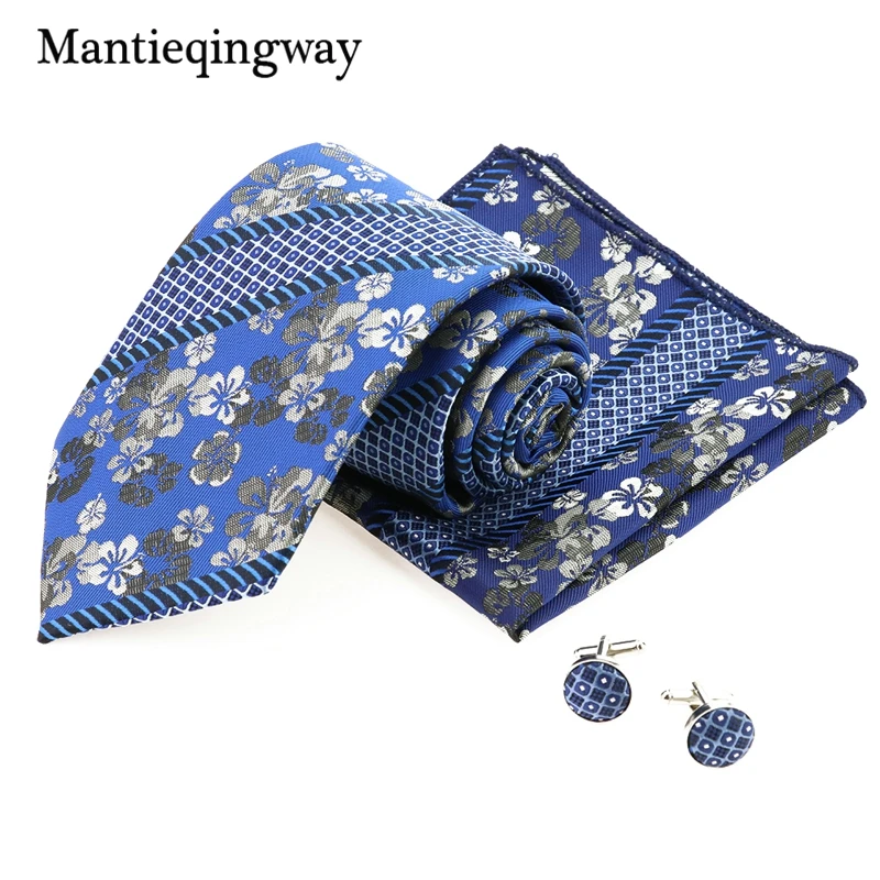 

Mantieqingway Retro Flowers 8.5cm Gravata Hanky Cuff Link Sets For Men Blue Wide Jacquard Neck Tie Square Cufflinks Sets Casual