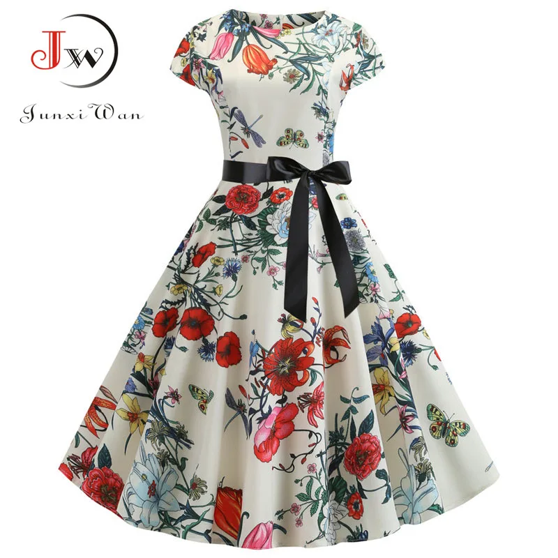2019 Women Summer Dress Vintage Floral Print Rockabilly Dress Robe Femme Sundress Vestidos Plus Size Polka Dot Party Dress
