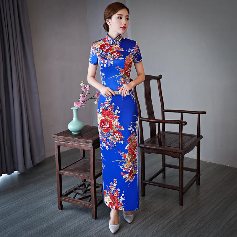 

Classic Slim Print Flower Dress Summer Stage Show Cheongsam Chinese Women Evening Party Dresses Gown Plus SIze Qipao 3XL 4XL