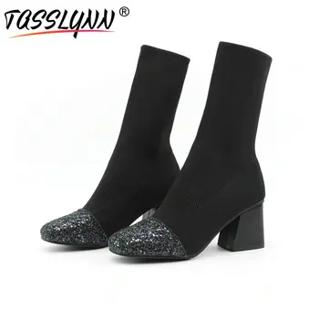 

TASSLYNN 2018 Women Winter Boots Western Style Mid-calf Boots Square High Heels Square Toe Autumn Shoes Women Boots Size 34-43