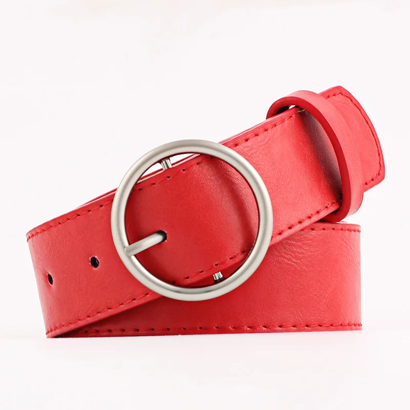Новые модные женские кожаные ремни с кольцом, женские ремни с круглой пряжкой, широкие ремни с серебряной пряжкой для женщин, женские ремни, декорированные джинсы - Цвет: red2
